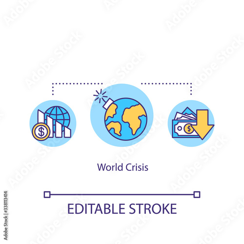 World crisis concept icon. International financial emergency, global economics problem idea thin line illustration. Stock market crash. Vector isolated outline RGB color drawing. Editable stroke