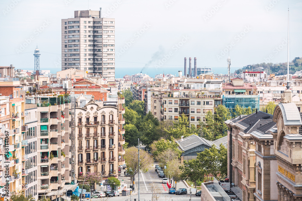 Panoramic view of the city of Barcelona and in the background the Mediterranean Sea