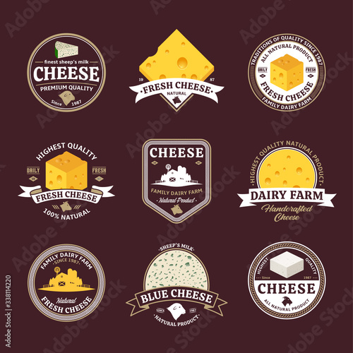 Set of cheese logo templates isolated on a brown background. Cheese and milk icons for groceries, dairies, packaging and branding. Vector logotype design