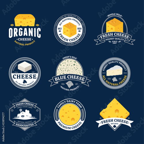 Set of cheese logo isolated on a blue background. Cheese and milk icons for groceries, dairies, packaging and branding