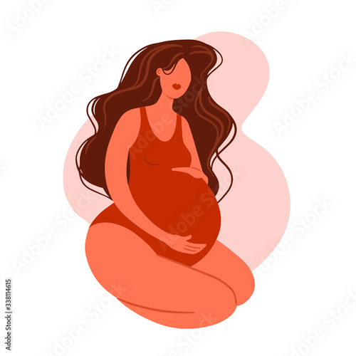 Pregnant lady in third trimester with a big belly sitting vector illustration