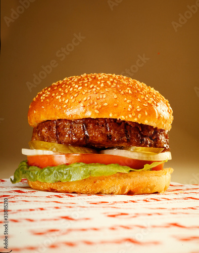 hamburger on a wooden table