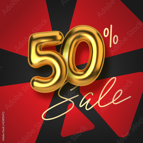 50 off discount promotion sale made of realistic 3d gold text. Number in the form of golden balloons. Template for products, advertizing, web banners, leaflets, certificates and postcards. Vector
