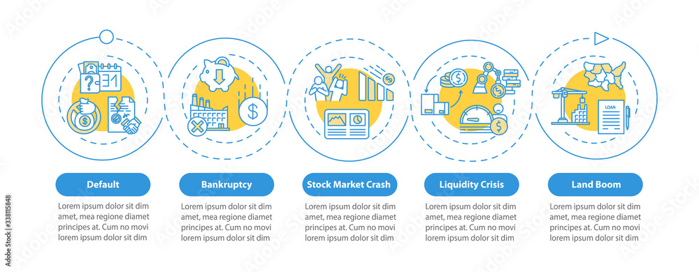 Obraz premium Economic crisis vector infographic template. Financial collapse, decline presentation design elements. Data visualization with five steps. Process timeline chart. Workflow layout with linear icons