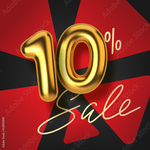 10 off discount promotion sale made of realistic 3d gold text. Number in the form of golden balloons. Template for products, advertizing, web banners, leaflets, certificates and postcards. Vector
