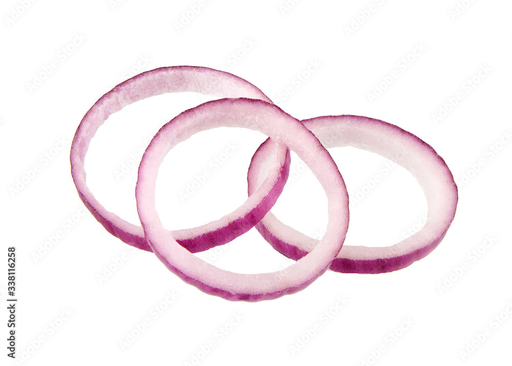 Red onion slices rings isolated.