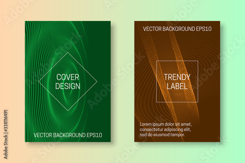 Сover templates with dynamic background of dots and lines. Green and orange monochrome futuristic brochures or packaging backgrounds design.