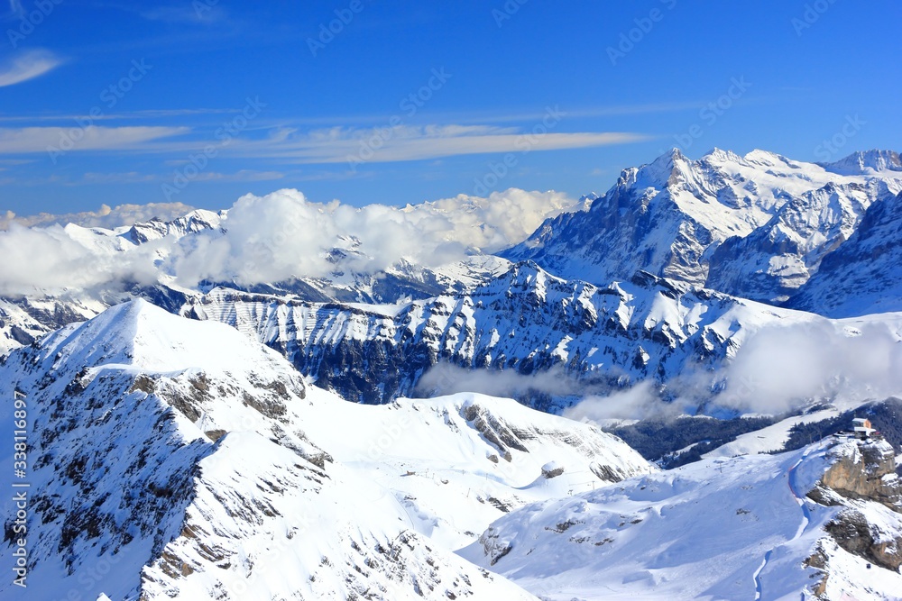 View of Alps from Schilthorn. Bernese Alps of Switzerland, Europe.