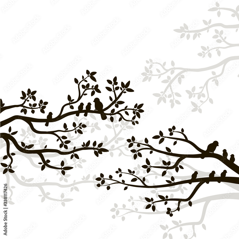 Fototapeta premium Vector silhouette of spring birds sitting on twig of tree. Decorative branch of tree with birds.