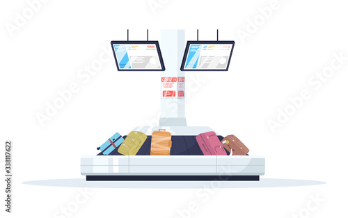 Baggage carousel semi flat RGB color vector illustration. Covid warning. Reclaimed and lost suitcases in airport terminal. Luggage conveyor belt isolated cartoon object on white background