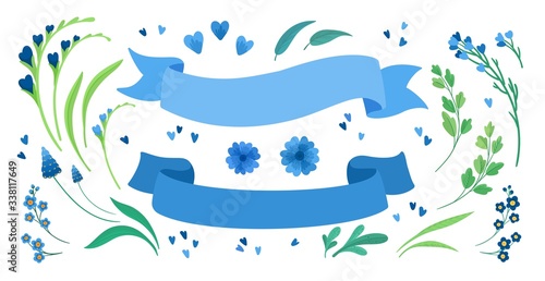 Flowers and empty ribbons flat vector illustrations set. Blooming meadow wildflowers, green leaves and hearts greeting, invitation card design elements pack. Blank blue stripes isolated decorations