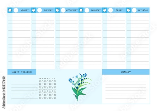 Week timetable and habit tracker blue wild flowers flat vector template. Calendar design with floral blooms and petals on white background. Personal tasks organizer blank page for planner