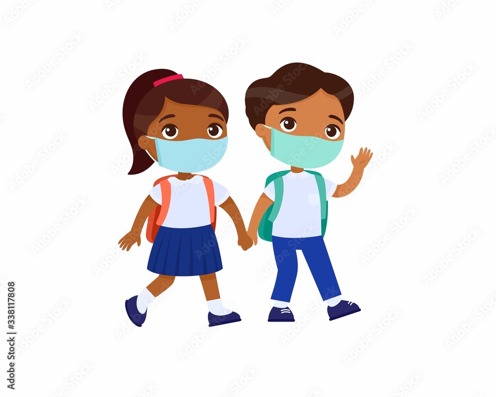 Indian schoolgirl and schoolboy going to school flat vector illustration. Couple pupils with medical masks on their faces holding hands isolated cartoon characters. Two elementary school students