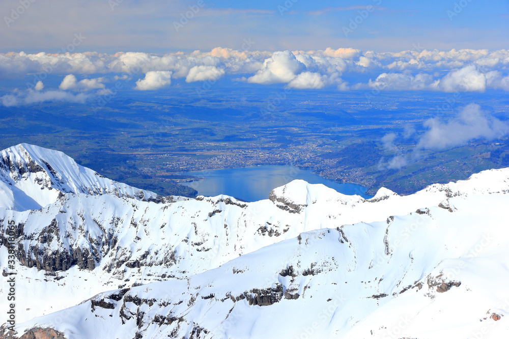 View of Lake Thun from Schilthorn. Bernese Alps of Switzerland, Europe.