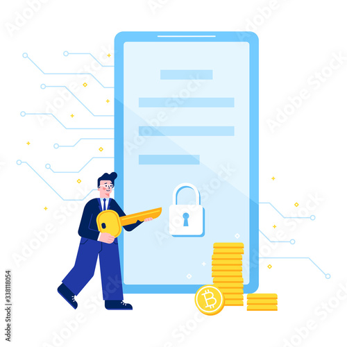 Vector Smart Contract concept illustration, man holding key to sign electronic document securely