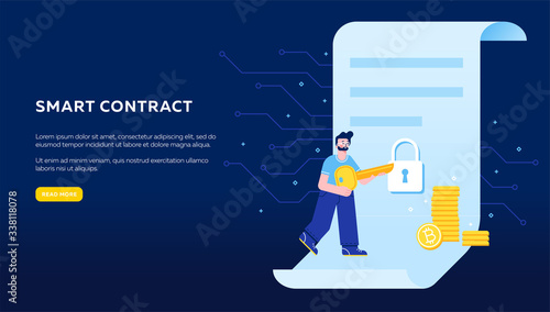 Vector Smart Contract concept illustration, man holding key to sign electronic document securely