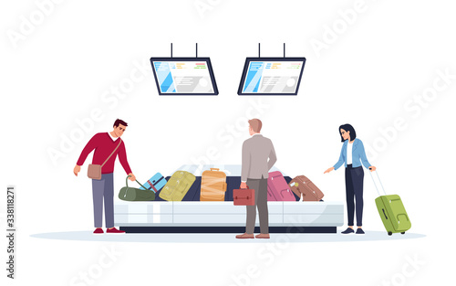 Baggage carousel semi flat RGB color vector illustration. Tourist wait for luggage. People get reclaimed bags in airport terminal. Passengers isolated cartoon character on white background