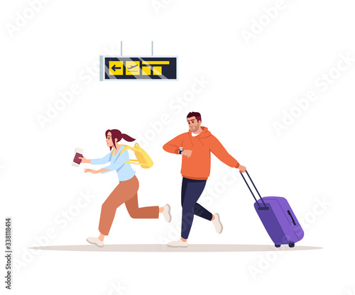 Rush to flight semi flat RGB color vector illustration. Man and woman late for boarding. Couple rush to aeroplane gate. Airplane passengers isolated cartoon characters on white background
