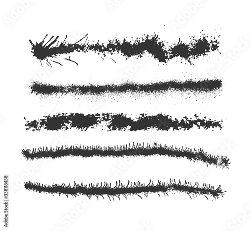 Spray Paint vector brushes set. Elements isolated on White Background, Lines and Drips Black ink splatters, Ink blots collection, Street style. graffiti