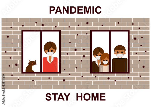 Stay home. Neighbors sitting home during the quarantine or self-isolation. Health care concept. Global viral epidemic or pandemic. Fears of getting coronavirus. Flat vector illustration