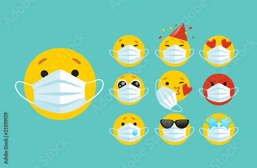 Set of emoji with a medical mask on the face. Different round yellow emoticons protect against the spread of coronavirus. Set of emojis for social networks, self-isolation. Flat vector illustration