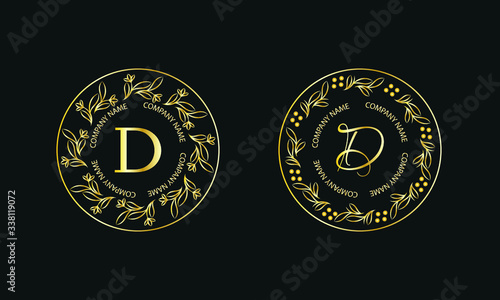 Gold monogram in round shape. Set of logos with letter D. Exquisite design for business signs, hotels, restaurants. Vector illustration