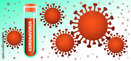 Coronavirus Covid 19 vaccine. Blood in glass test tube against the background of particles virus in the air. Epidemic disease concept  and treatment of the illness. Vector illustration