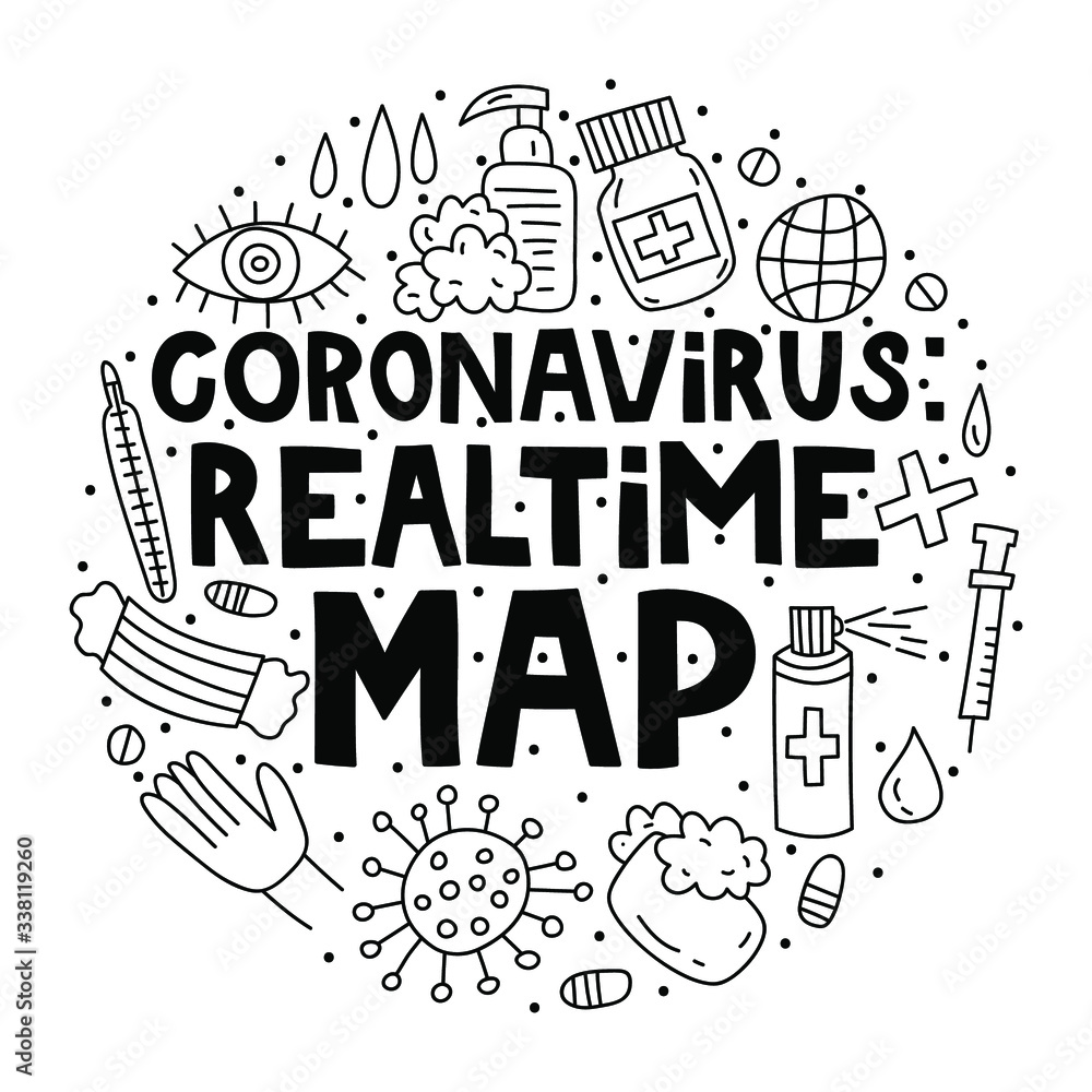 Coronavirus Realtime Map. Doodle illustration with lettering in circle shape