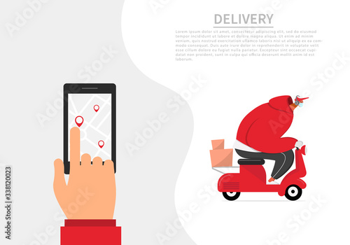 Courier in a medical mask delivers orders. Coronavirus contactless food delivery quarantine. Safe delivery during a coronavirus pandemic.