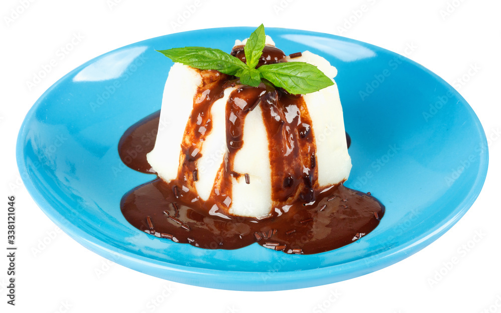 Cream pudding with chocolate sauce and mint Cream pudding with chocolate sauce and mint