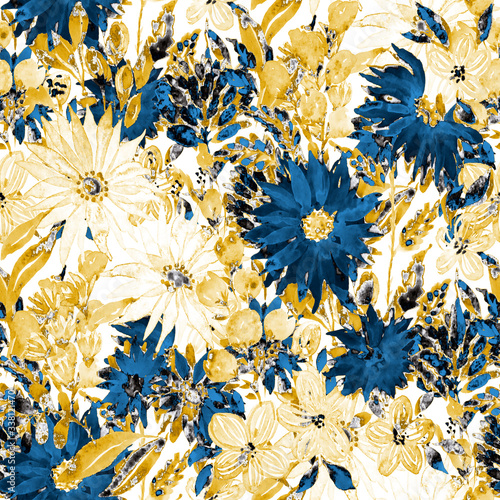 Watercolor seamless pattern with hand drawn abstract flowers. Bright print wi...