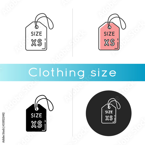 Extra small size label icon. Linear black and RGB color styles. Clothing parameters description. Informational tag with XS letters for mini size apparel. Isolated vector illustrations