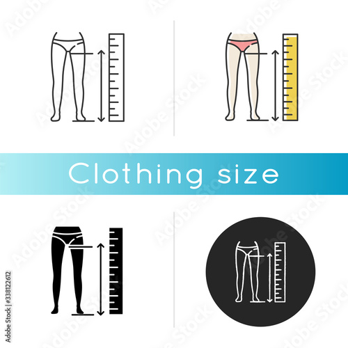 Inside leg length icon. Linear black and RGB color styles. Human body measurements, tailoring. Clothing size specification, parameters for bespoke pants. Isolated vector illustrations