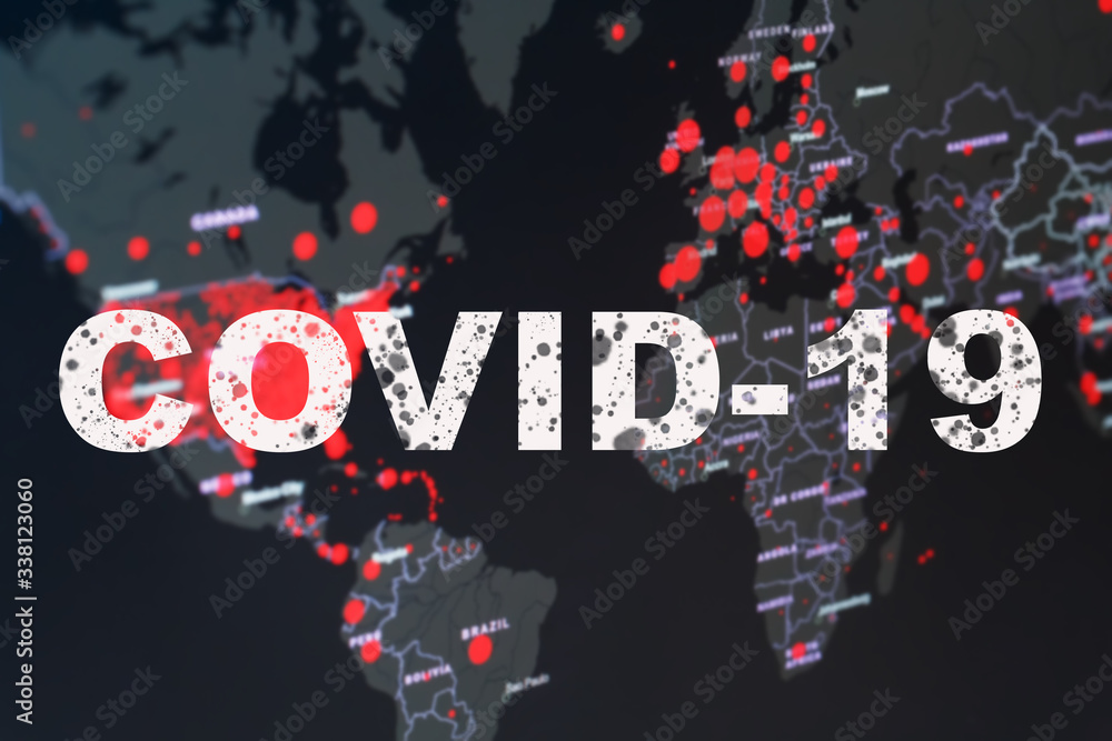 Coronavirus pandemic covid-19 inscription on the global map with red dots of infection centers.