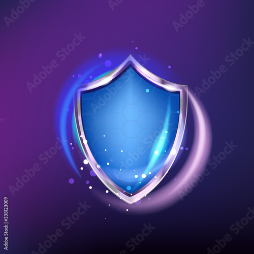 protection shield icon isolated on blue shine background. 3d realistic armor and honeycombs 