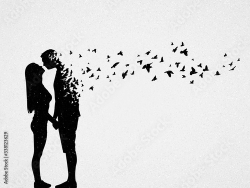 Silhouette of lovers and flying birds. Conceptual vector illustration about loss of loved one, loneliness and death. Sad mystical background for design, prints, covers, t-shirts