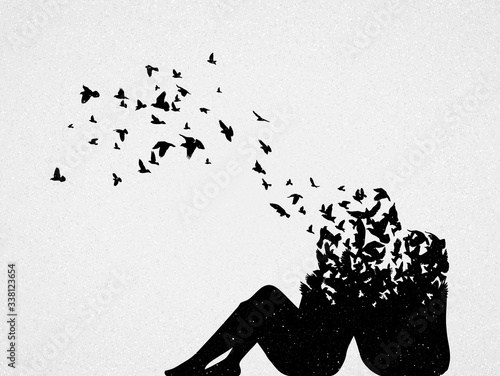 Lovers and flying birds. Death, afterlife. Abstract people silhouette