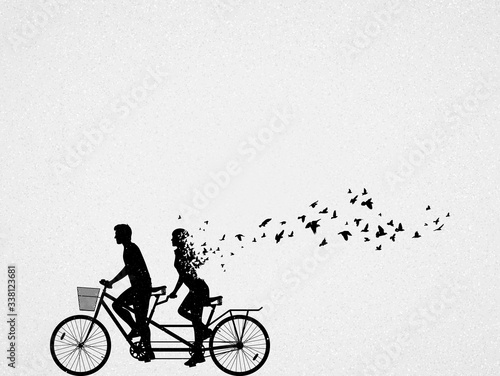 Lovers on bike tandem. Death, afterlife. Abstract people silhouette