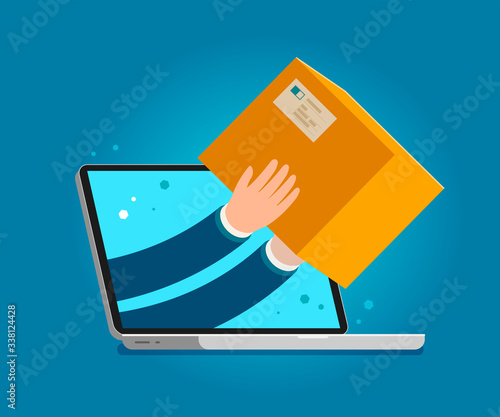 Delivery issued through web application on laptop. Business vector illustration