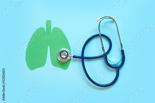 Lung health therapy medical concept . silhouette of the lungs and a stethoscope on a green background. concept of respiratory disease, pneumonia, tuberculosis, bronchitis, asthma, lung abscess