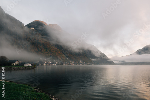 Foggy autumn scene of Hallstatt lake. Splendid morning view of Hallstatt village,