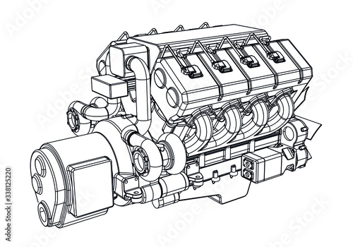 Vector illustration of a geometric polygonal V8 engine. Linear engine.