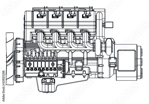 Vector illustration of a geometric polygonal V8 engine. Linear engine.