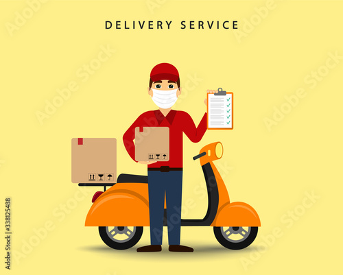 Masked courier delivering a parcel near a scooter. Delivery service. Flat style.