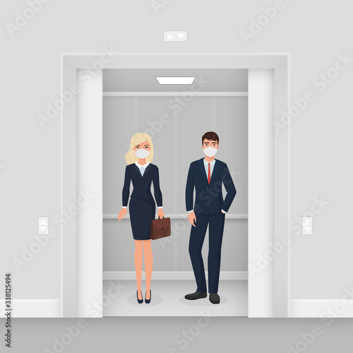 Business people in masks in elevator character flat cartoon vector illustration concept. Man and woman in formal wear with masks in illuminated elevator with opened door. Keep distance concept