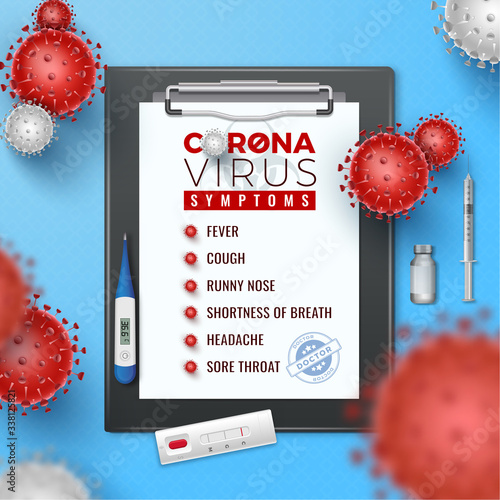 Coronavirus Covid-19 symptoms list. Healthcare and medicine card. Symptoms of coronavirus disease on clipboard