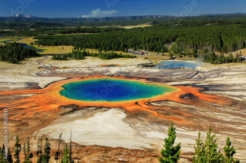 Aerial view of Grand Prismatic Spring in Midway Geyser Basin, Yellowstone National Park, Wyoming, USA