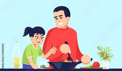 Dad and daughter cooking meal semi flat RGB color vector illustration. Parent and child adding spices to food, family members salting and peppering dish isolated cartoon characters on blue background