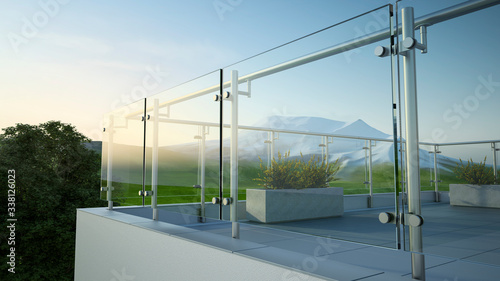 Leinwand Poster Modern stainless steel railing with glass panel and landscape mountain, 3D illus