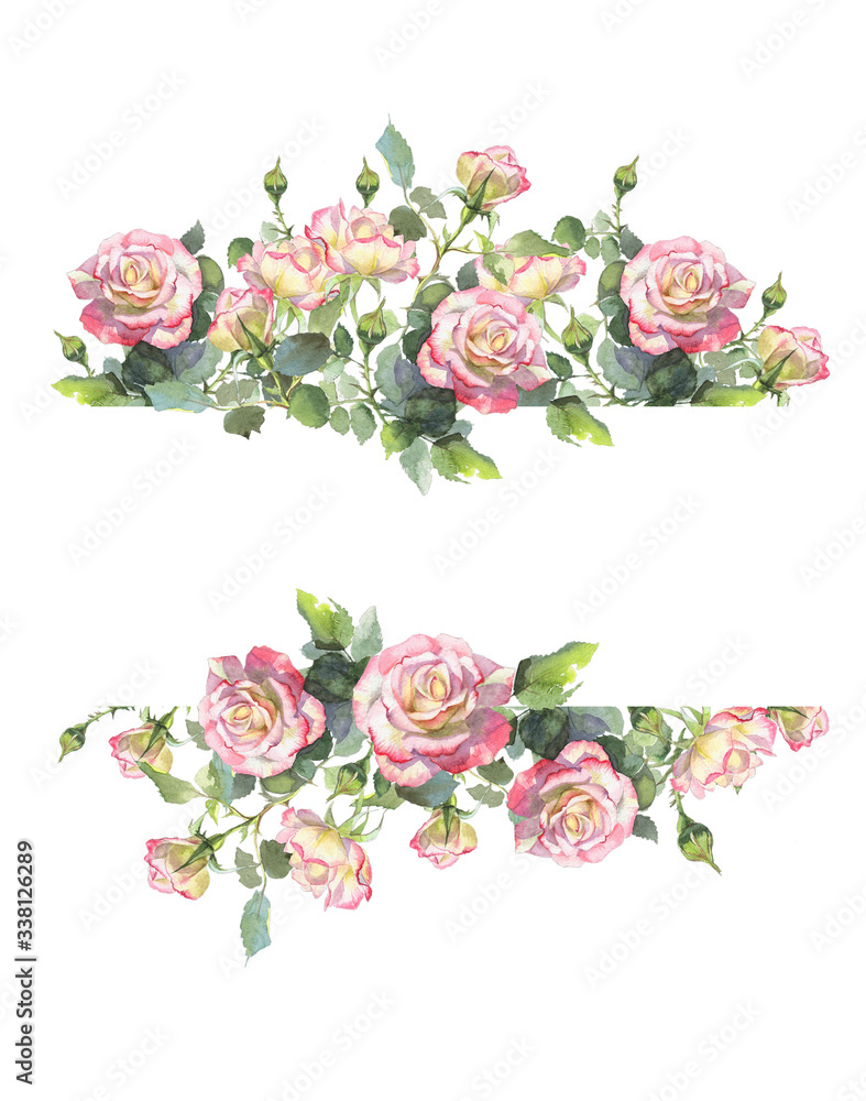Beautiful flower frame with luxurious bouquets of peonies, roses hand-made watercolor illustration. flowers arranged in a wreath, flower business card. for wedding invitations and greeting cards